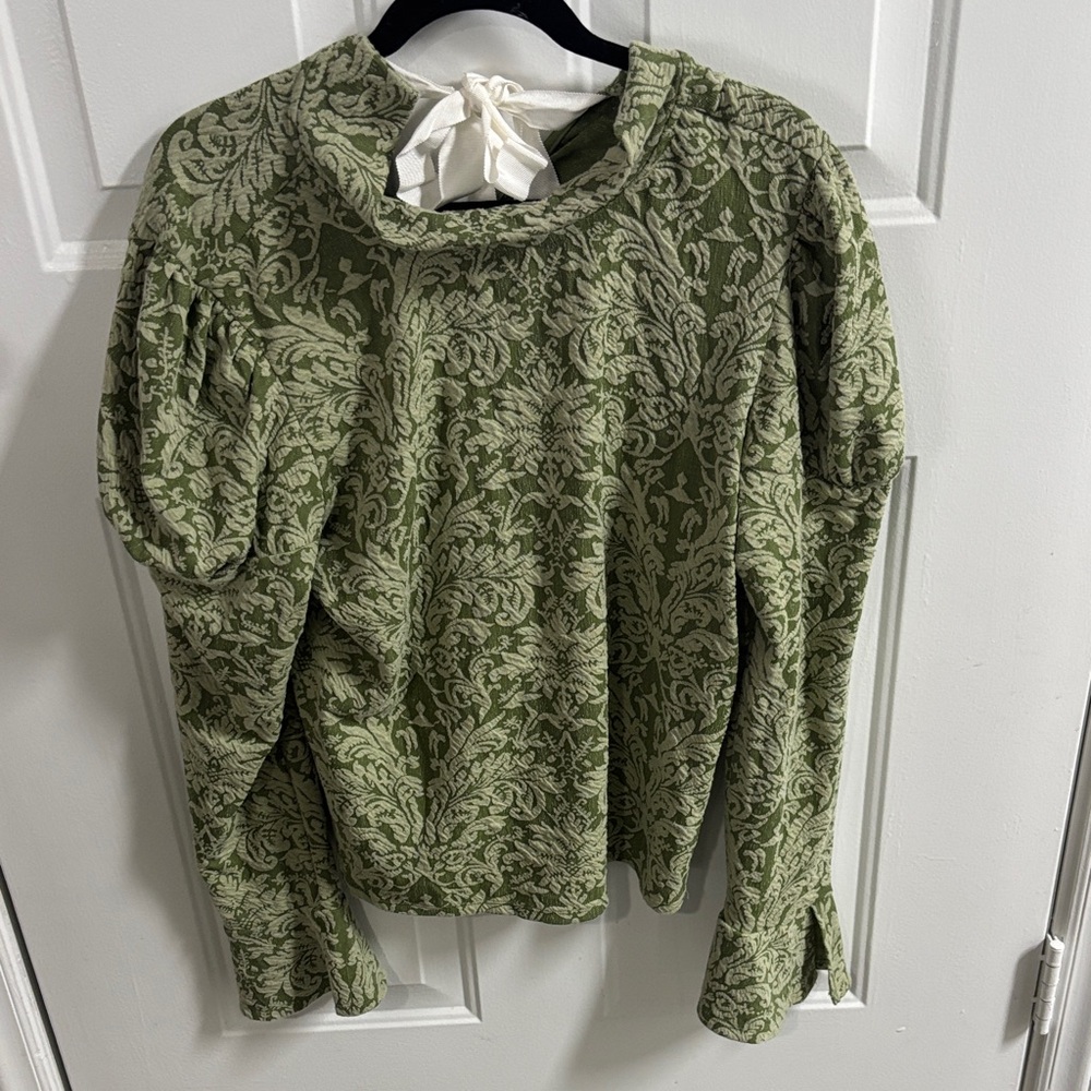 Anthropologie Green Patterned Blouse with Bow